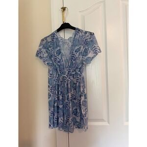 Blue Tropical Palm Leaf Mesh Swim Cover Up Dress Drawstring Waist Short Sleeve s
